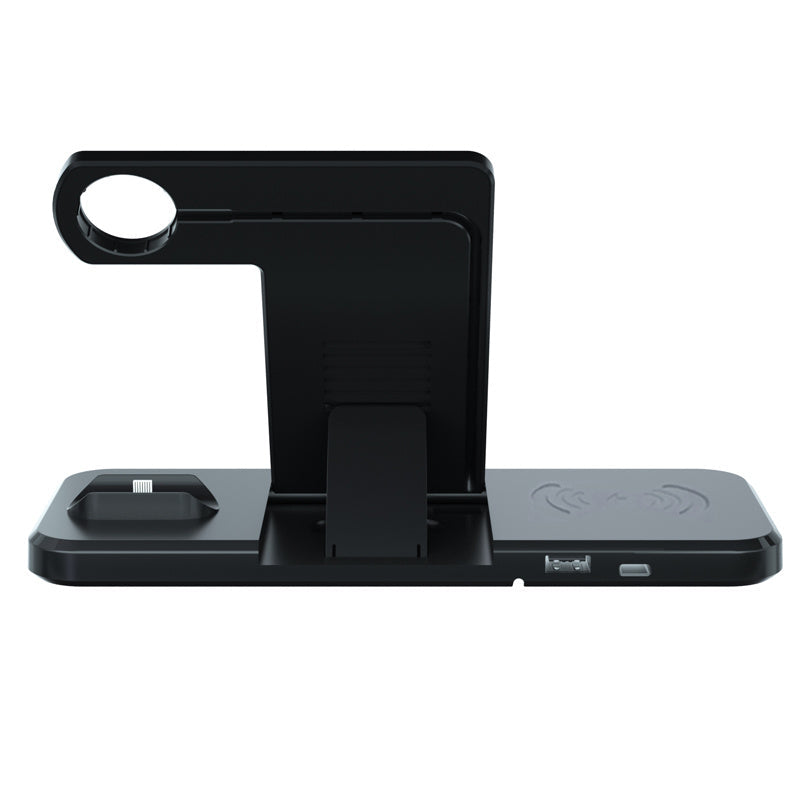 Black 4-in-1 wireless charging dock with foldable phone stand and earbud charger