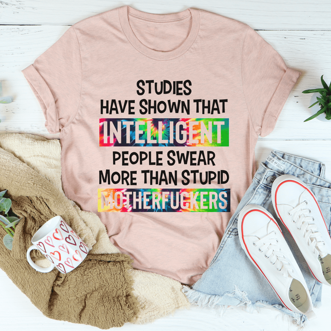 Pink T-shirt with bold quote graphic reading "INTELLIGENT PEOPLE"