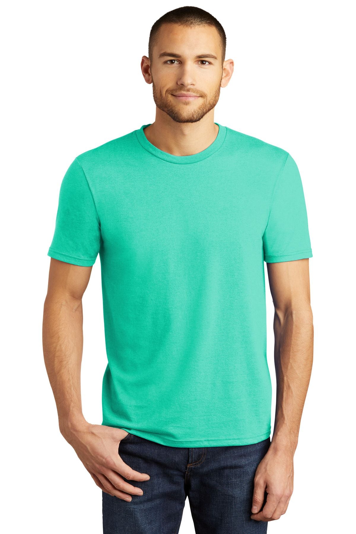 Crewneck tri-blend tee in green, short sleeves, straight hem.