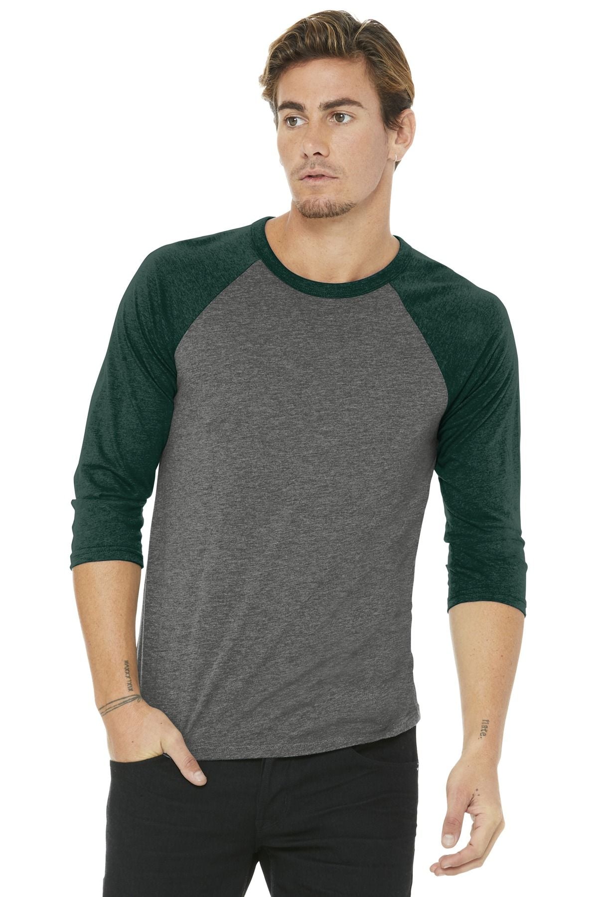 Unisex 3/4-sleeve baseball tee with heather gray body and green raglan sleeves