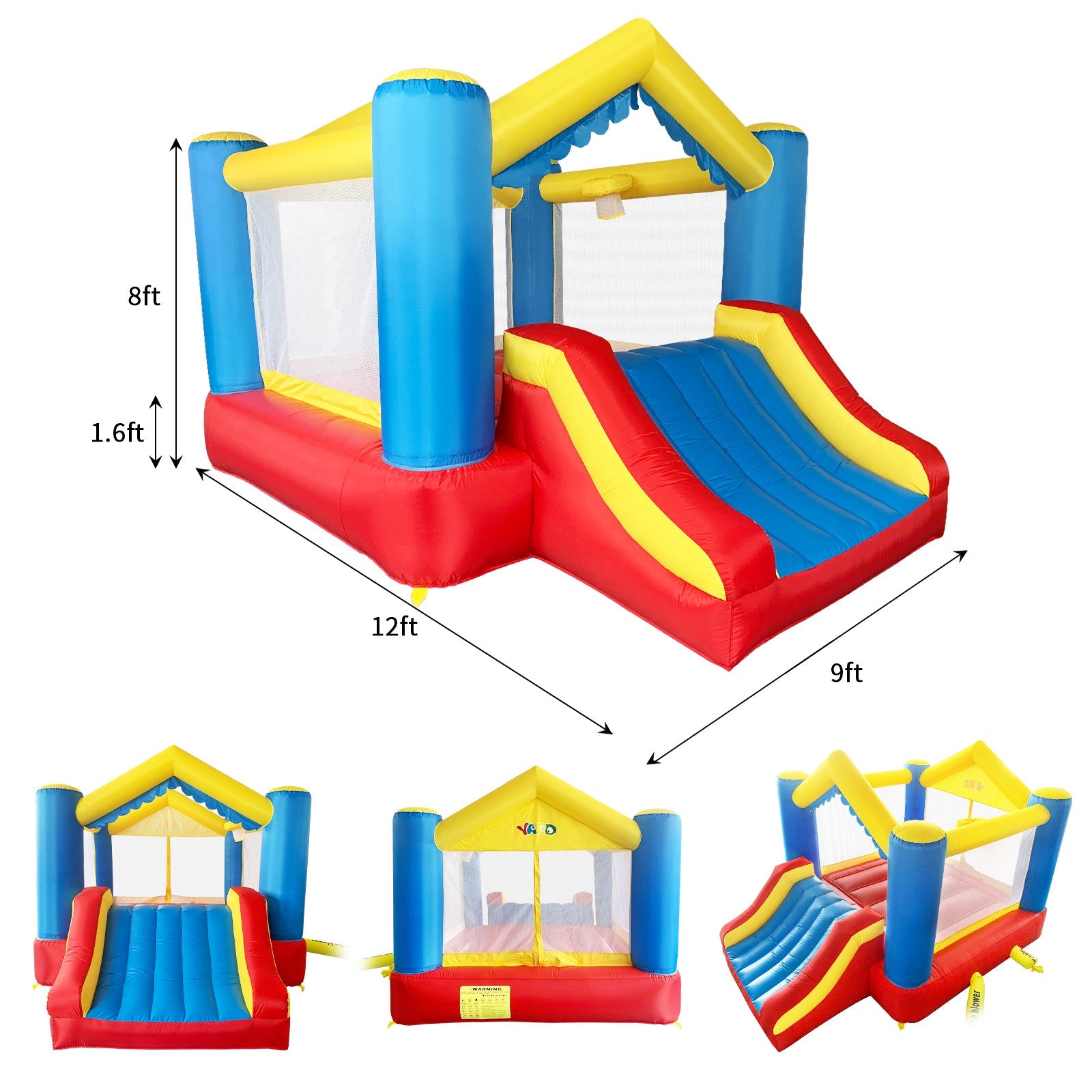 Inflatable bounce house with slide and tall blue frame; dimensions shown around