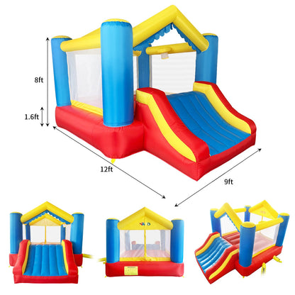 Inflatable bounce house with slide and tall blue frame; dimensions shown around