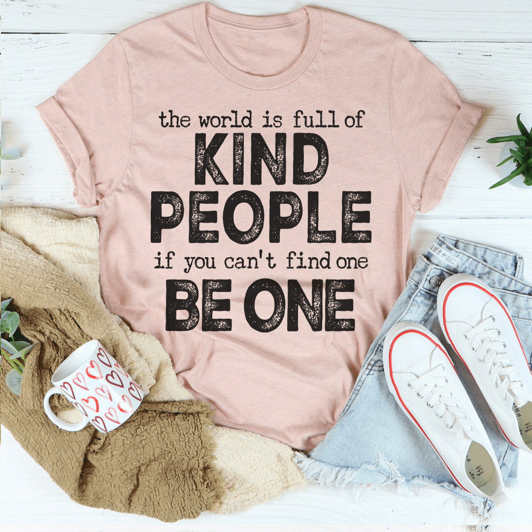 Heather peach T-shirt with 'KIND PEOPLE' and 'BE ONE' front graphic slogan.