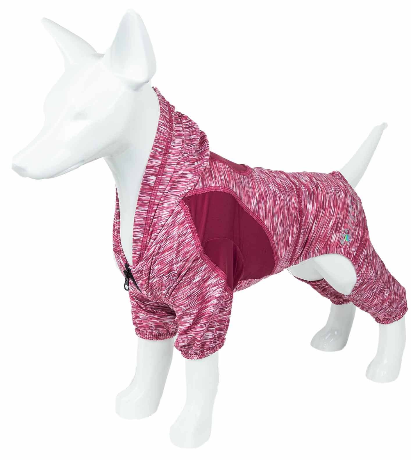 Two-toned heathered dog full-body hoodie on a mannequin with hood and zip front in maroon