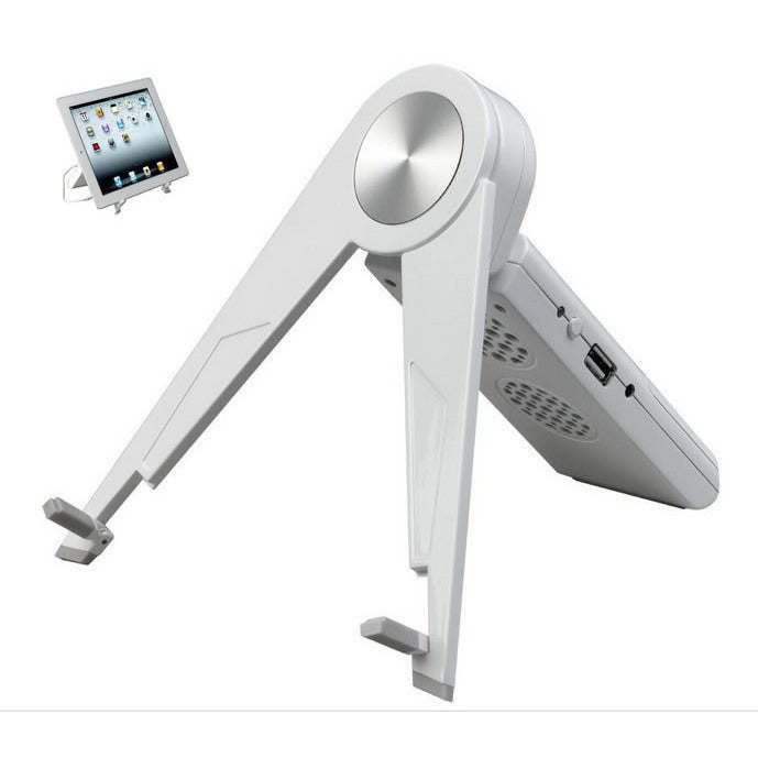 iPad easel stand with speaker in white, adjustable arm and right-side audio speaker grille
