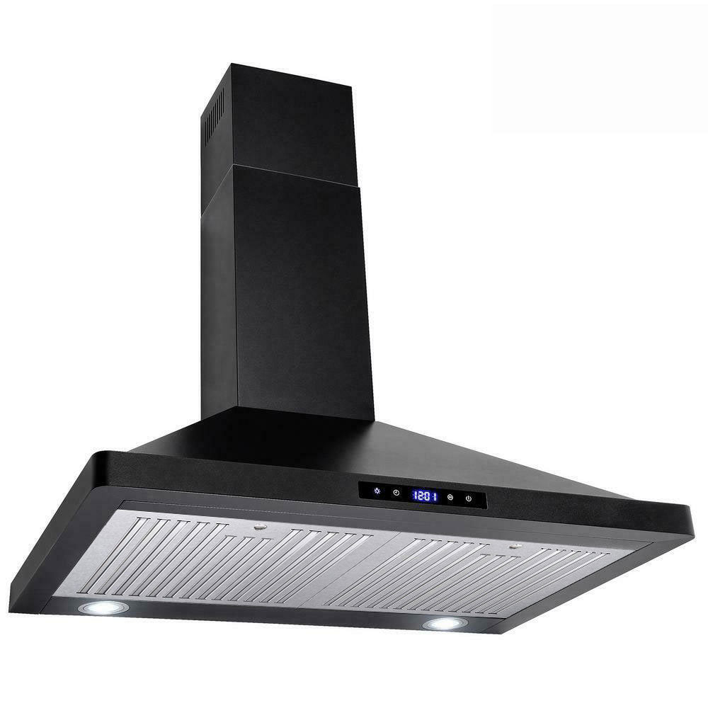 30 inch wall mount kitchen hood in black with dual bright LED lights