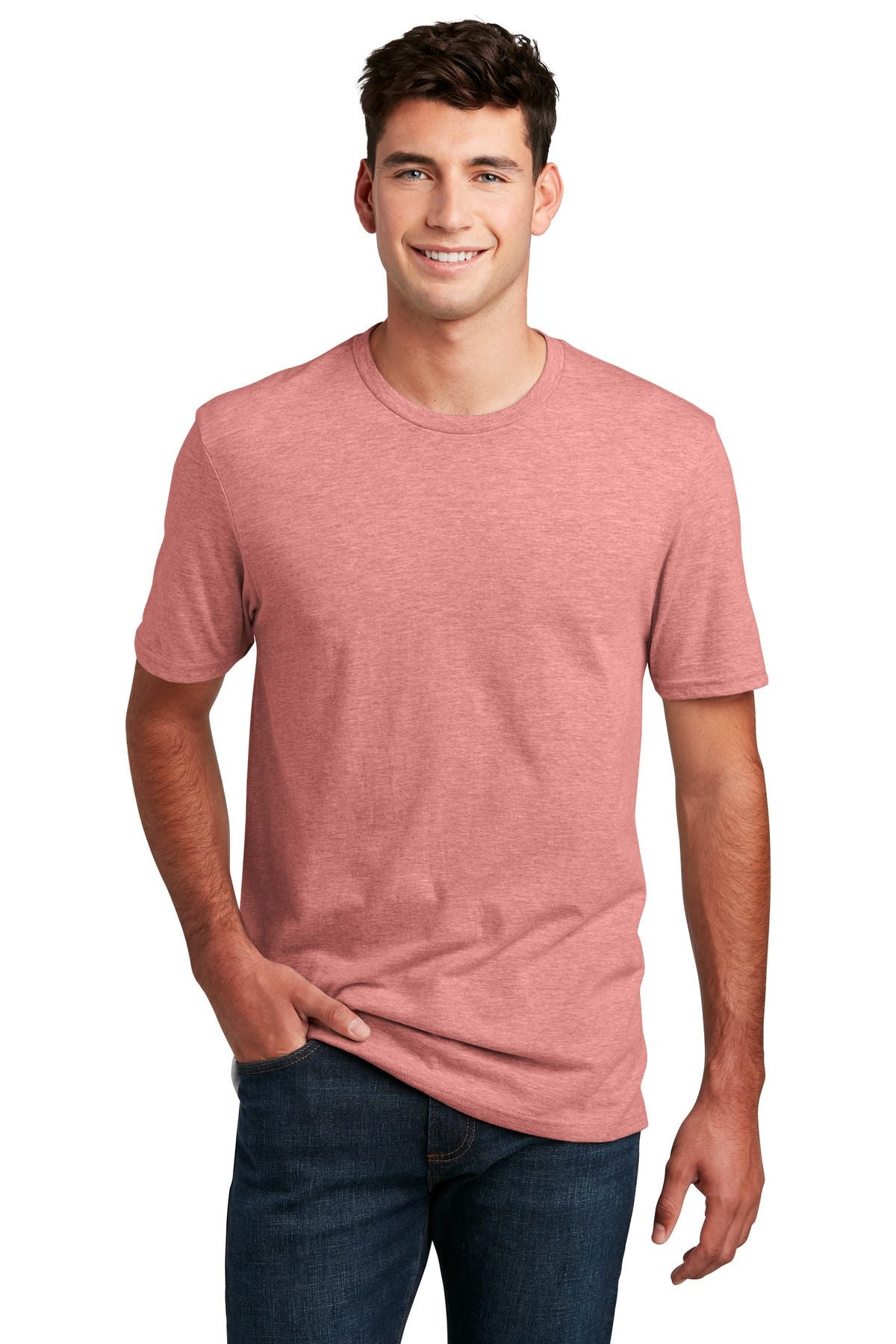 Heathered crewneck CVC tee in dusty pink, short sleeves, straight hem.