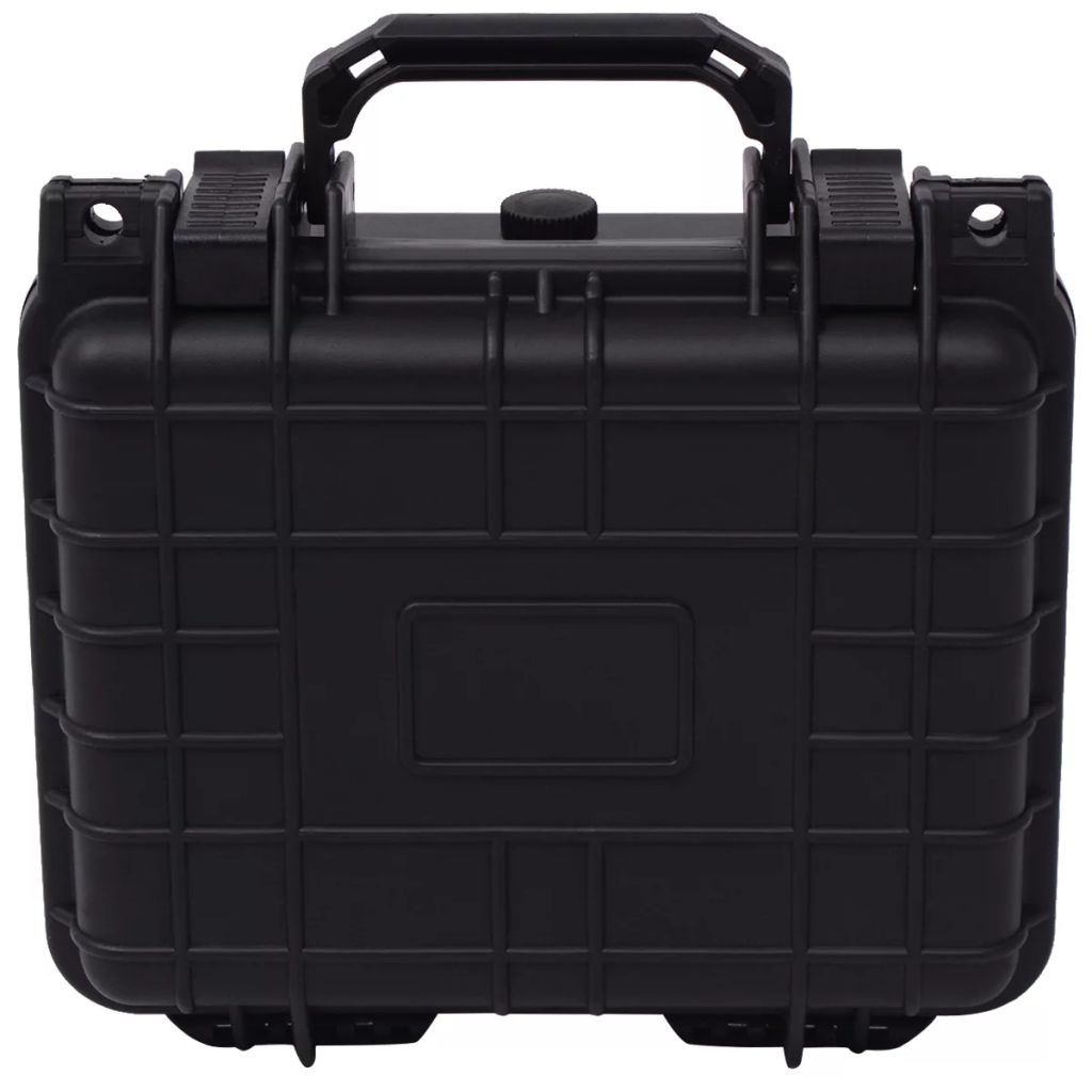 Black protective equipment case with carry handle and front latch details