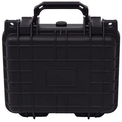 Black protective equipment case with carry handle and front latch details