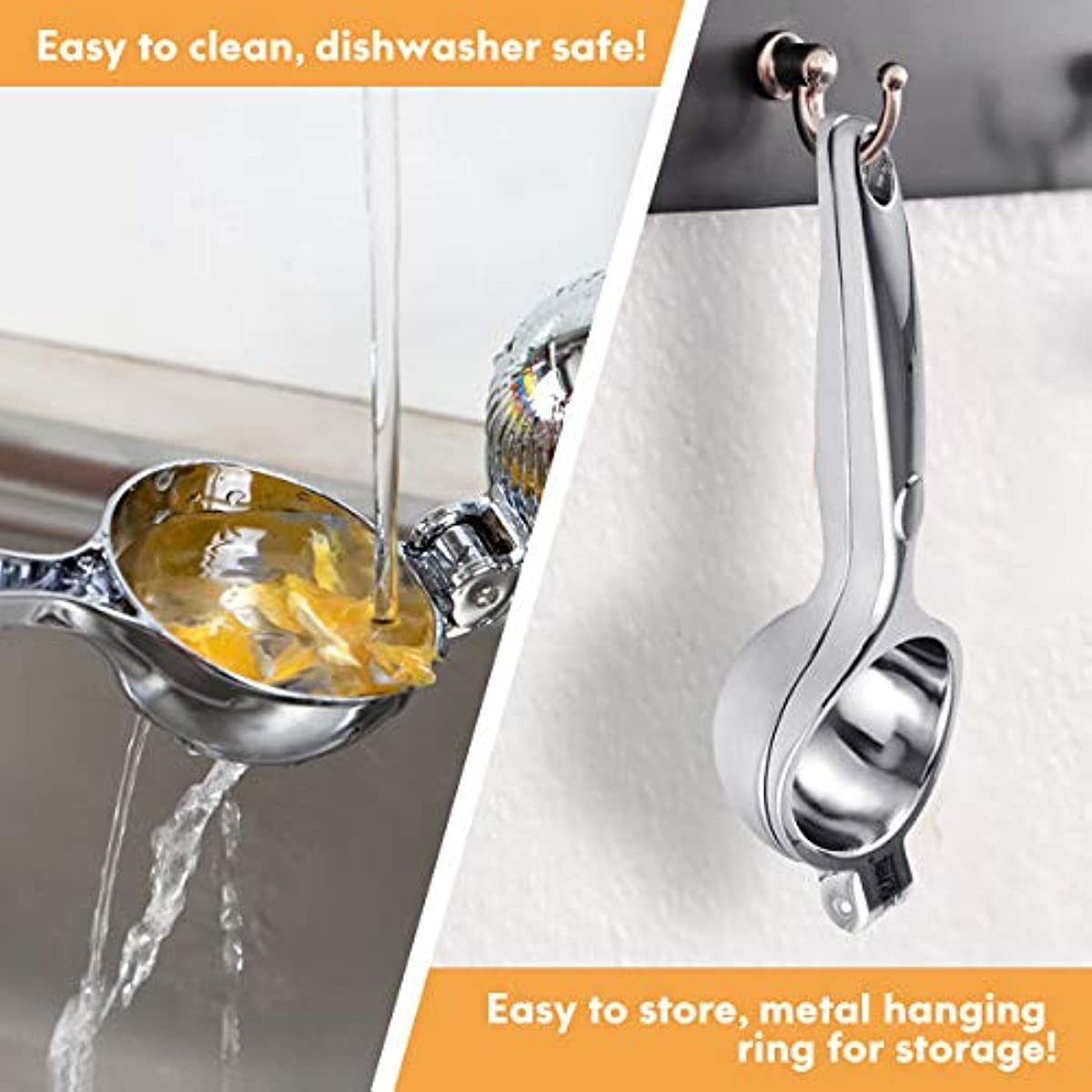 Stainless steel citrus squeezer with draining spout and metal hanging storage ring