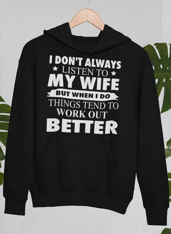 Black hooded pullover sweatshirt featuring a large white chest quote graphic and kangaroo pocket.