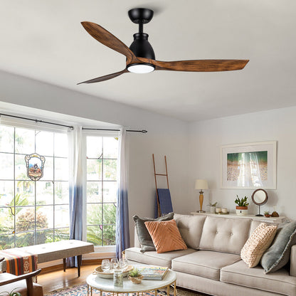 Black ceiling fan with wood blades and integrated light in a living room