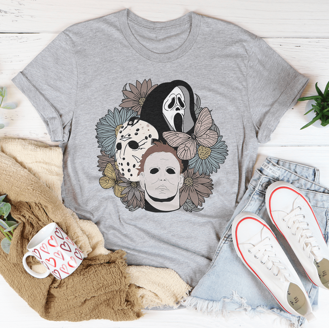 Heather gray boys floral face collage T-shirt with crew neck and short sleeves