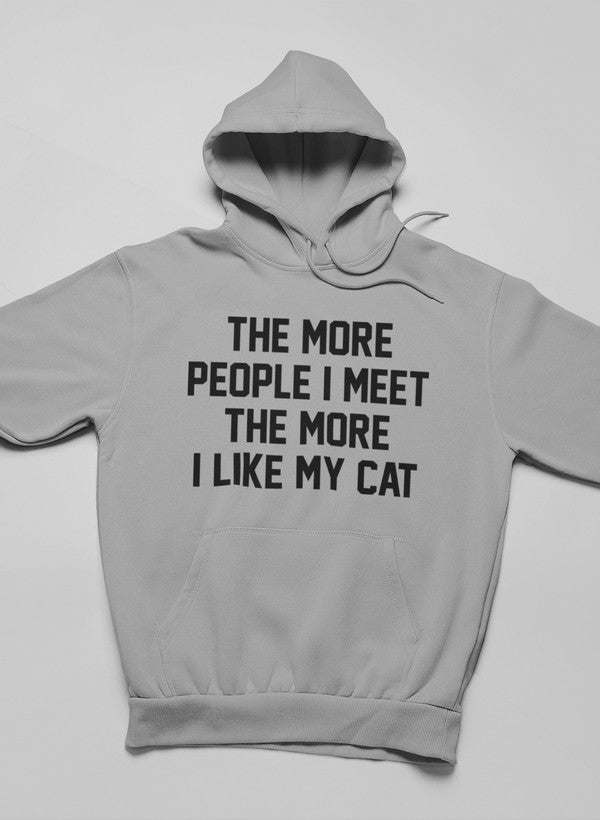Light gray cat hoodie with front text graphic and kangaroo pocket, pullover hood