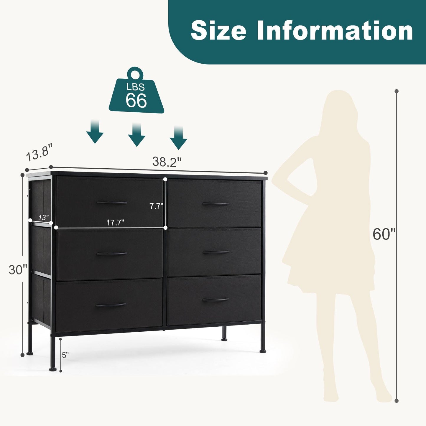 Dresser for Bedroom 6 Drawers Wide Fabric Storage Units Chest of Drawers for Bedroom with Metal Frame and Wooden Top for TV