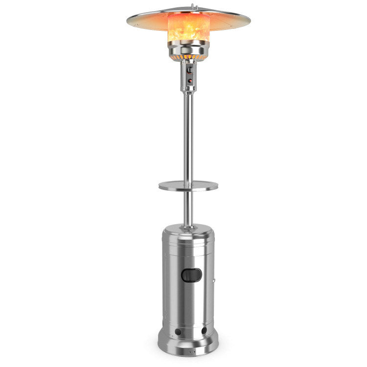 Silver propane patio heater with round burner head and tall tank base