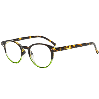 Tortoiseshell round reading glasses with blue-tinted lenses, front view