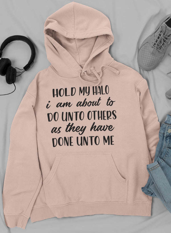 Mauve hooded sweatshirt with front pouch pocket and slogan text on the chest