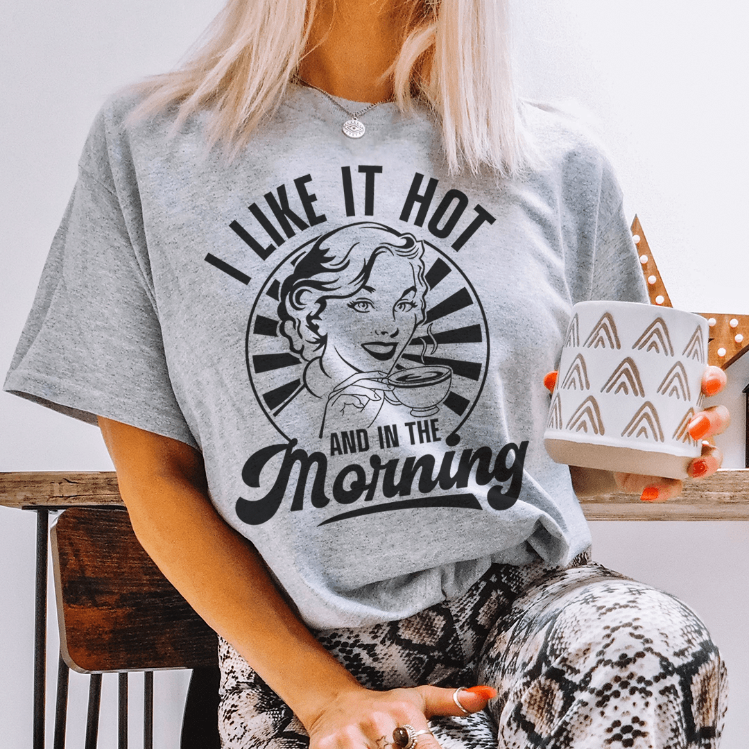 Heather gray T-shirt showing a circular chef-girl 'I Like It Hot' graphic on front