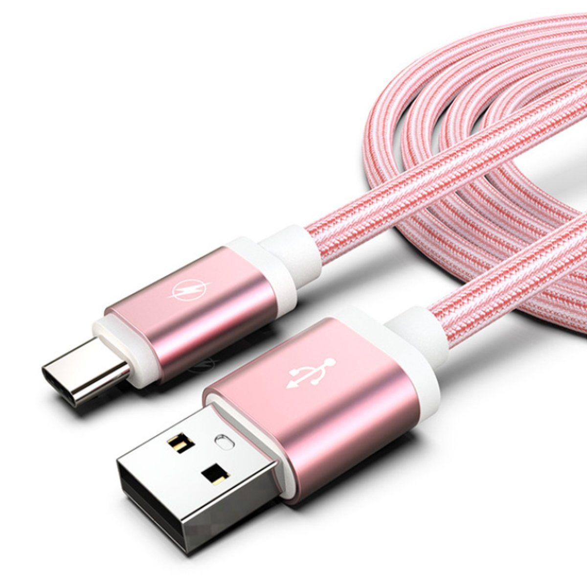 Rose gold USB-A to USB-C charging cable set, braided with white connector housings
