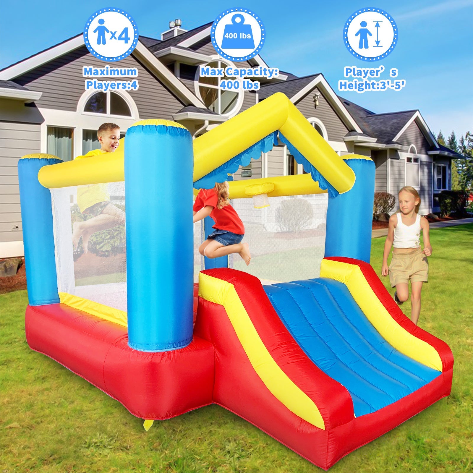 Inflatable bounce house with basketball hoop, red base, blue sides, yellow slide and frame