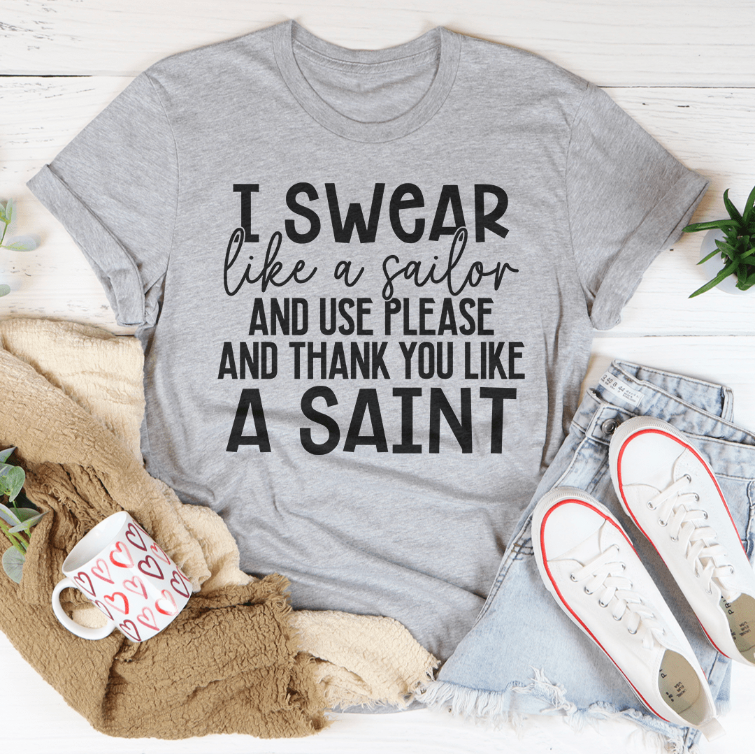 Heather gray crew-neck T-shirt with short sleeves and printed slogan text on front