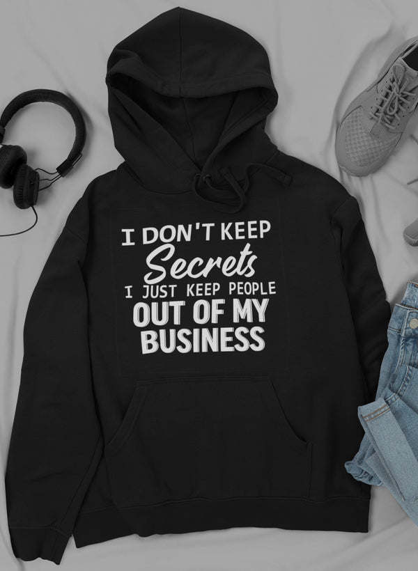 Black pullover hoodie with hood, drawstrings, kangaroo pocket, front graphic text