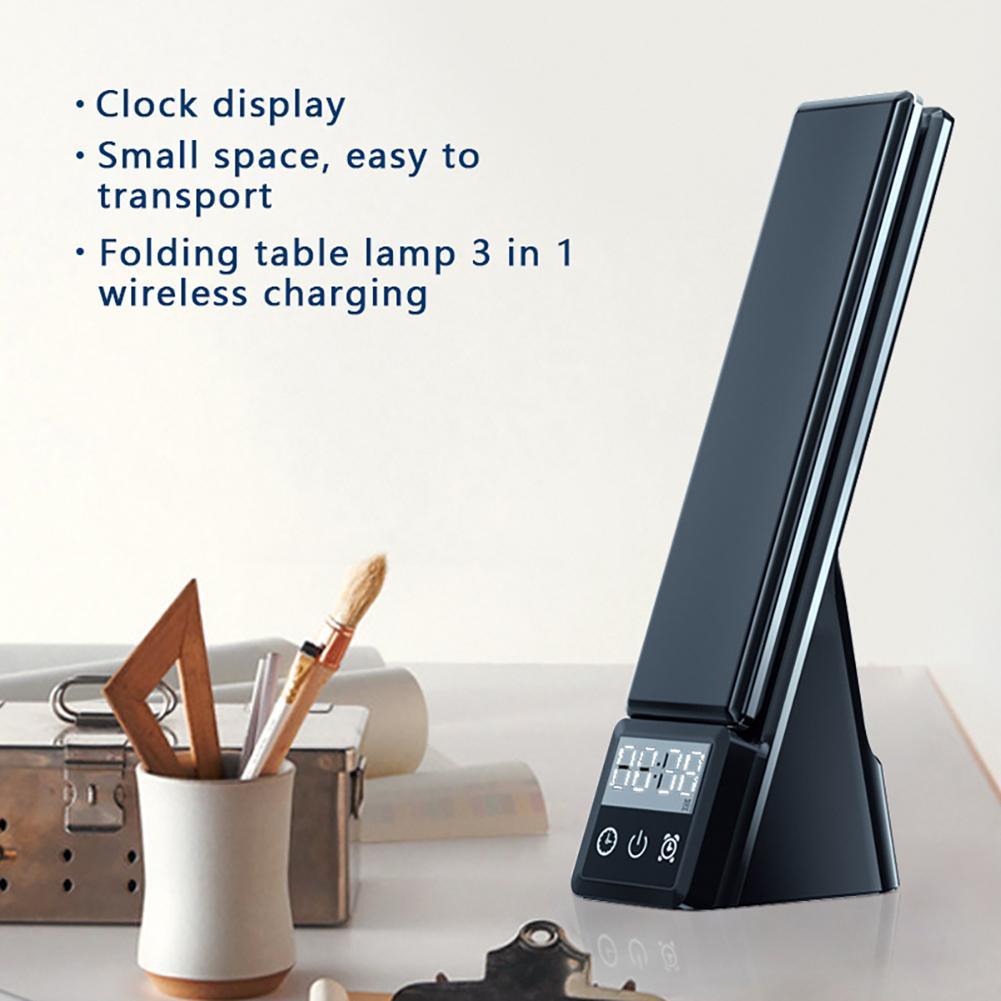 Folding LED table lamp with clock display and wireless charging, compact stand