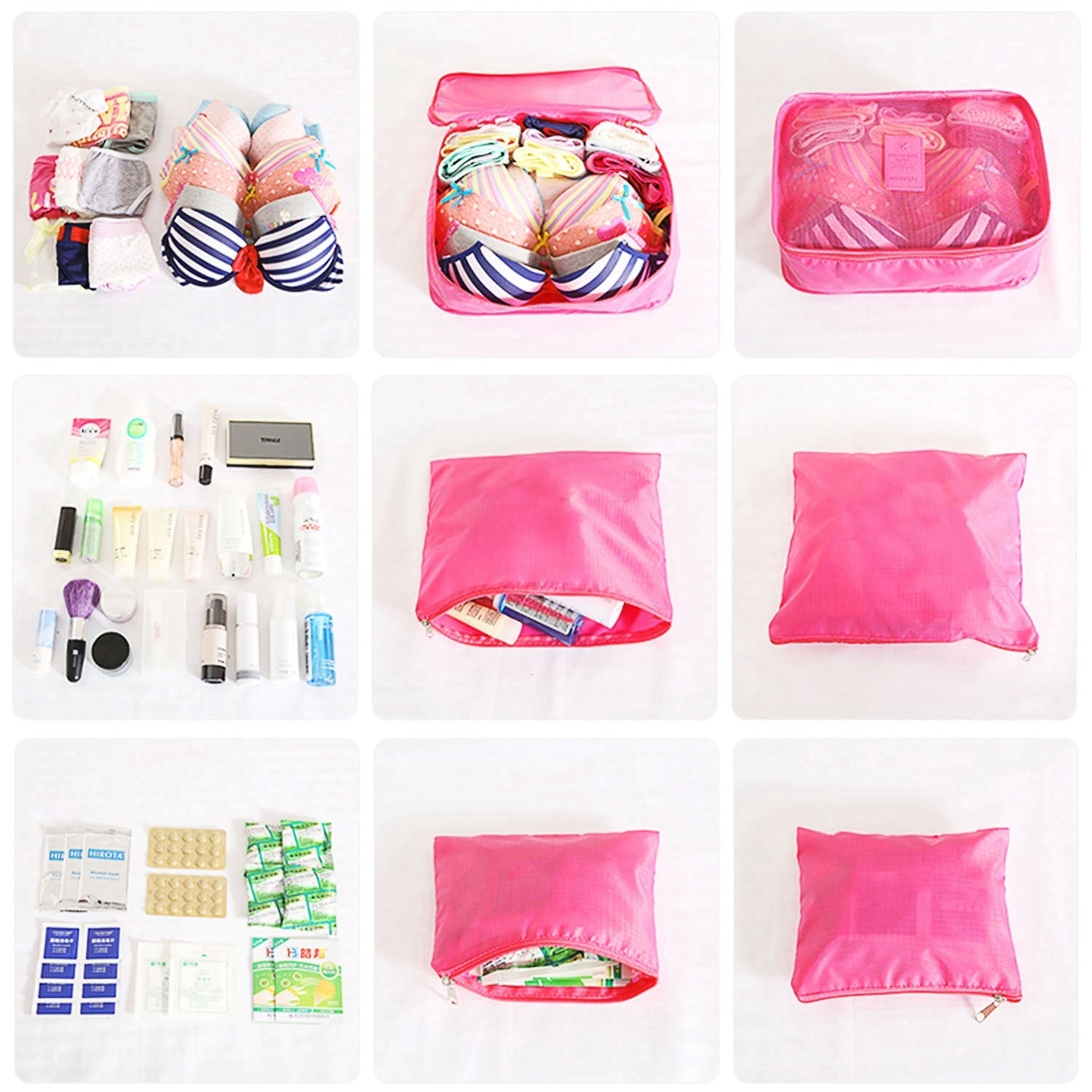 Pink packing cube and zip pouches shown in multiple views on a white background