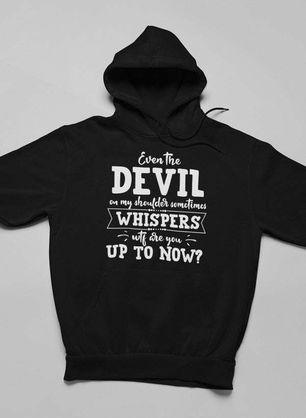 Black hoodie with front devil graphic and hooded neckline