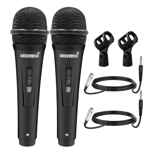 Set of 2 handheld dynamic microphones with black wired cable clips