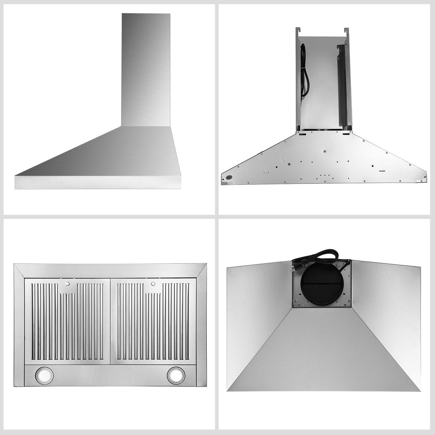 Wall range hood product views showing stainless chimney and vented filter panel