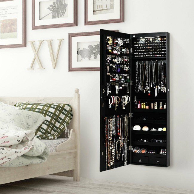 Black wall-mounted mirrored jewelry cabinet with open door, showing hooks and necklace rows