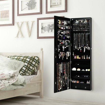 Black wall-mounted mirrored jewelry cabinet with open door, showing hooks and necklace rows