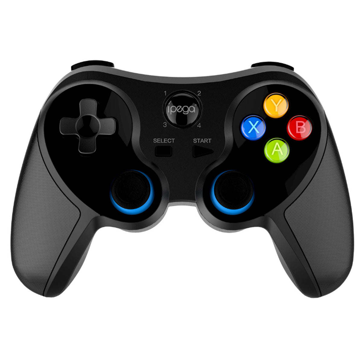 Black ipega wireless game controller with dual blue analog sticks and multicolor buttons