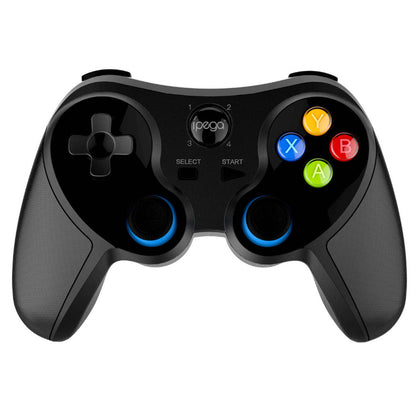 Black ipega wireless game controller with dual blue analog sticks and multicolor buttons