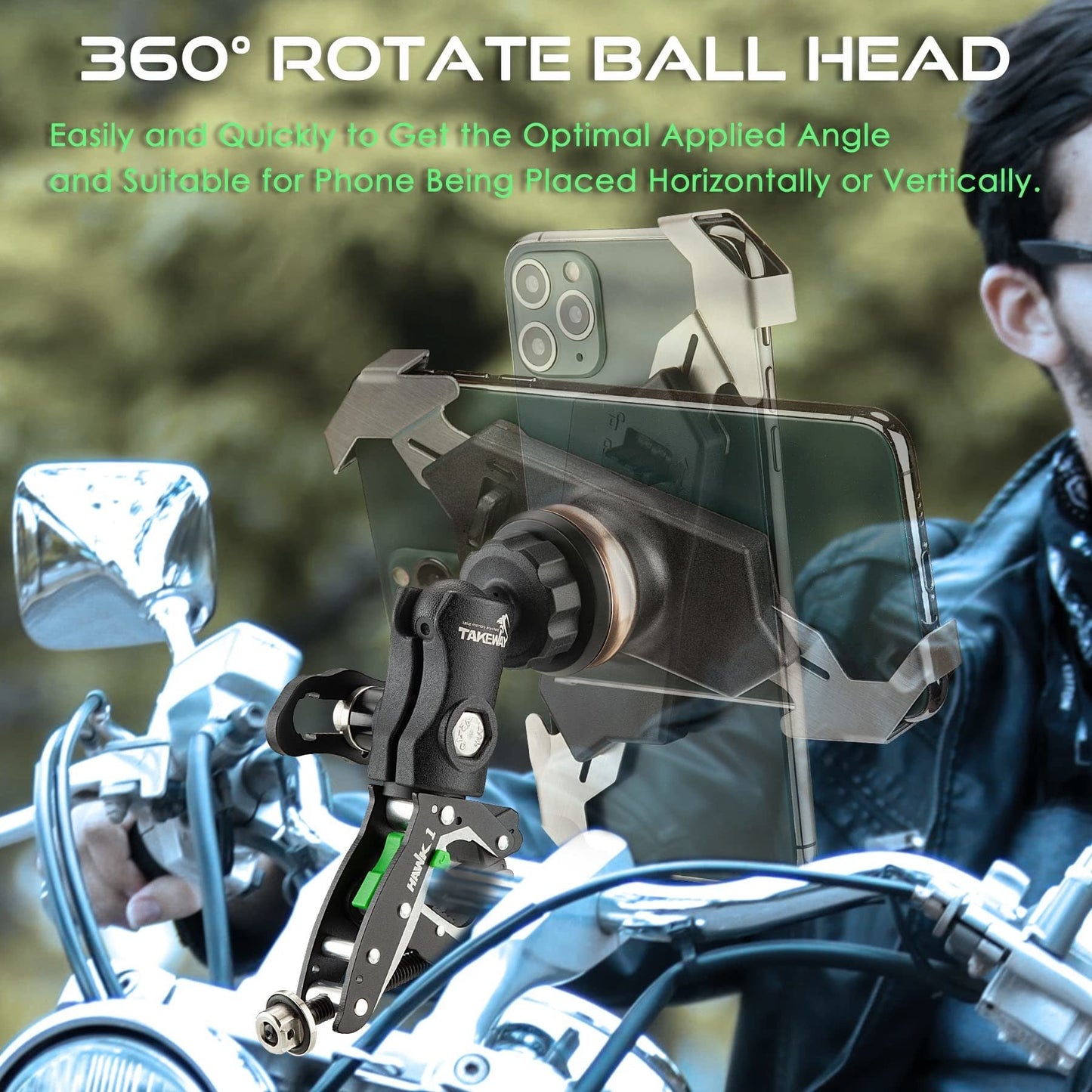 360-degree rotating ball-head phone mount with clear screen clamp cradle