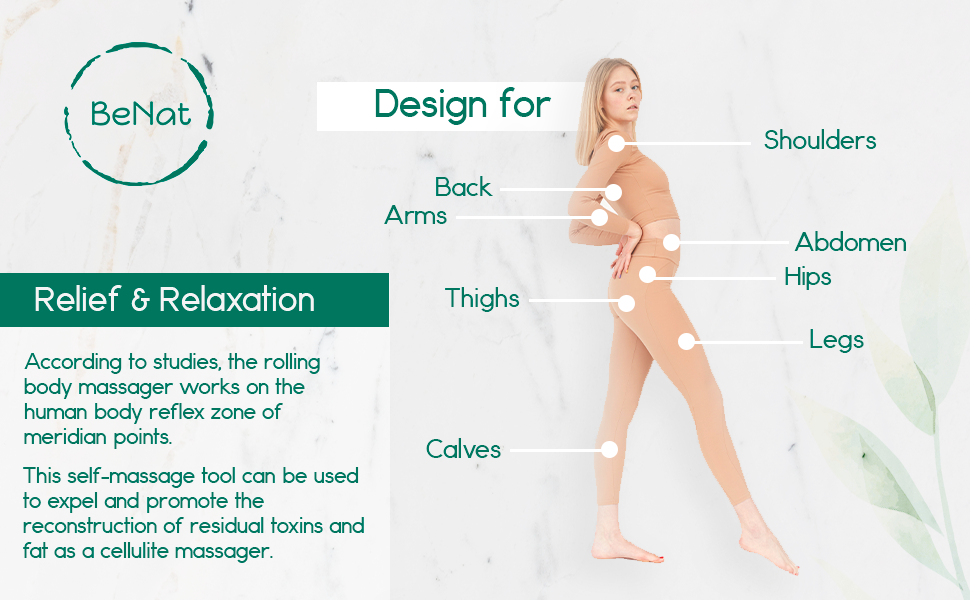 Rolling body massager with sculpted roller disk, shown with body placement guide