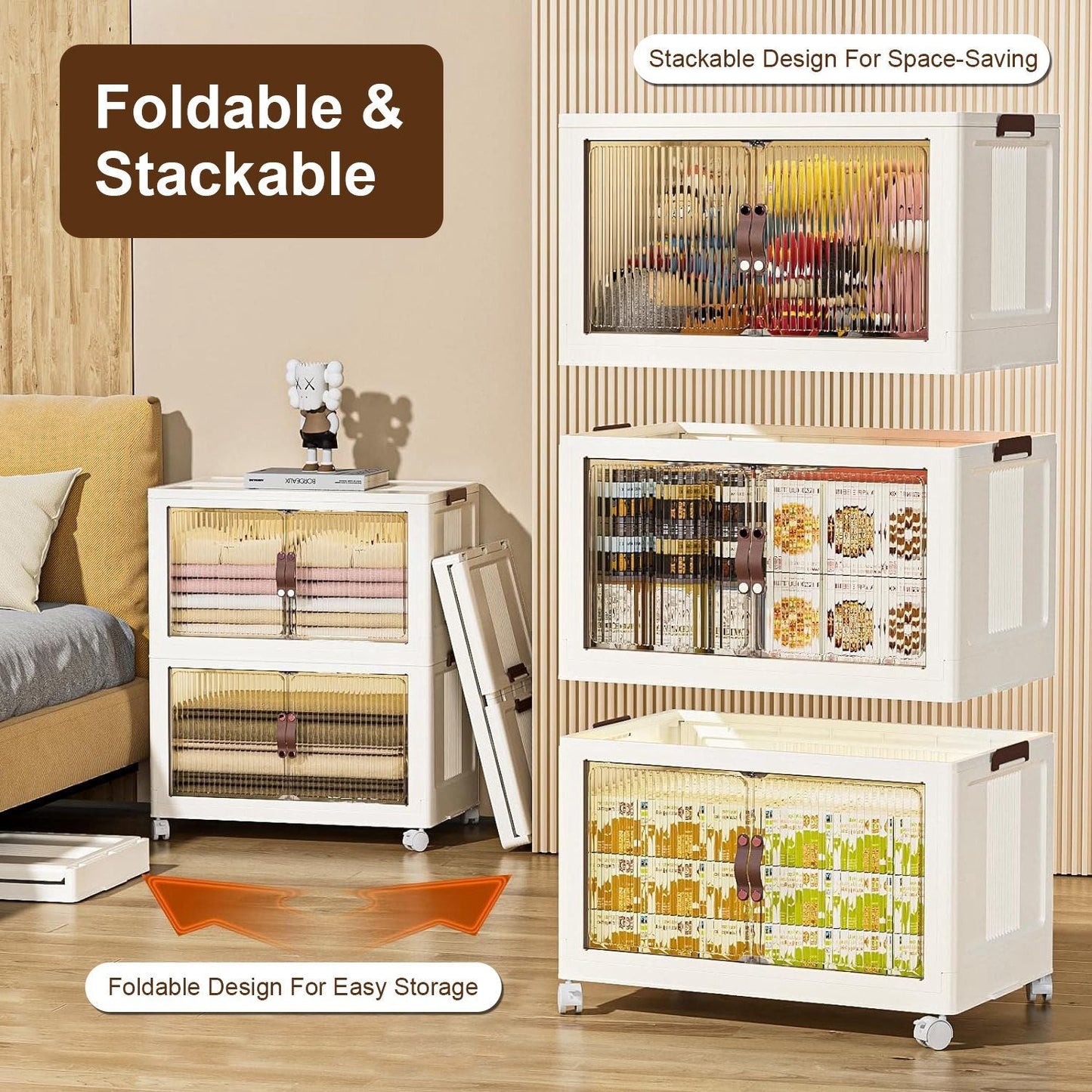 3Pcs Foldable Storage Bins with Lid Front Magnetic Door Collapsible Stackable Closet Organizer Containers with 4Pcs 360° Rotatable Wheels 8Pcs Small Wheels