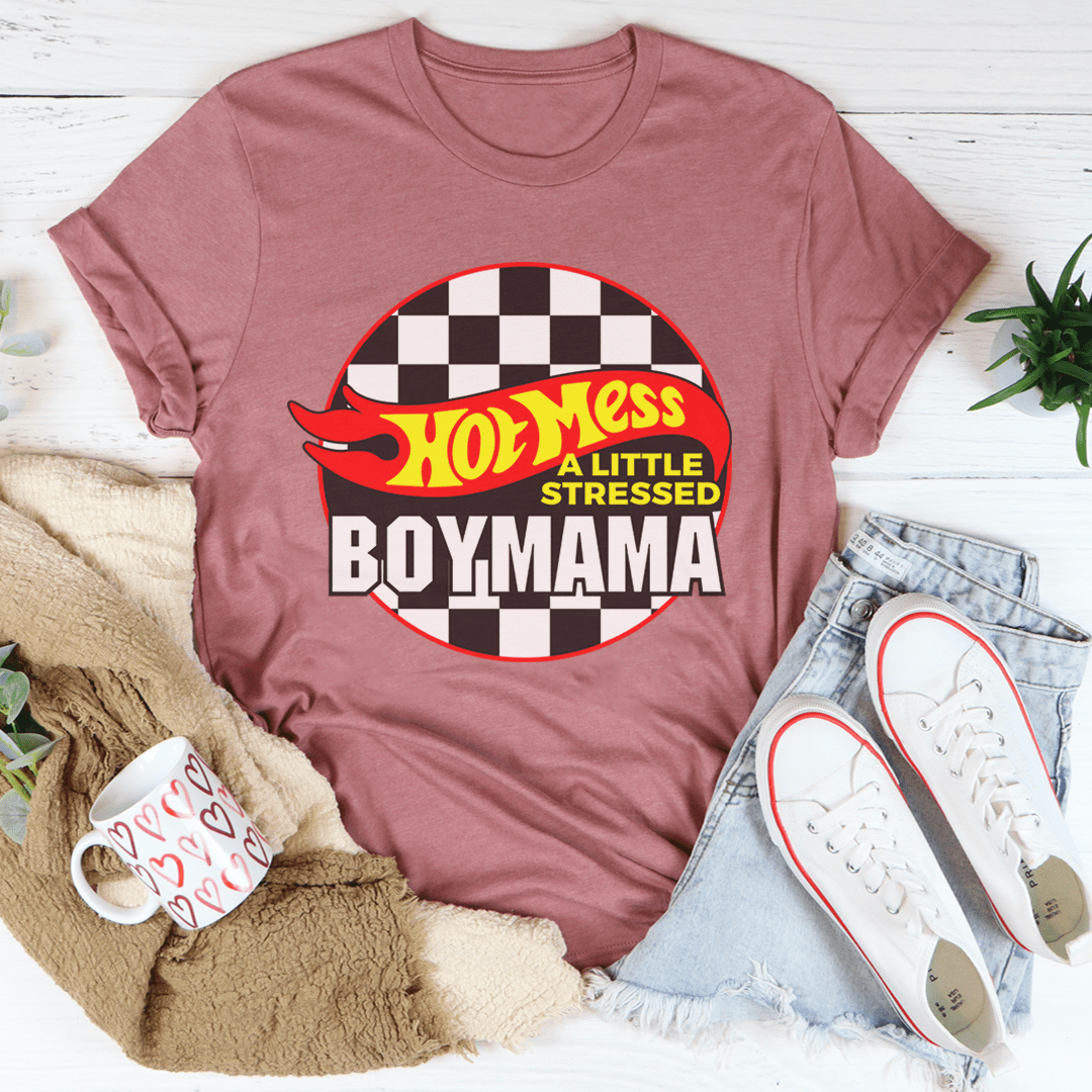 Heather mauve graphic T-shirt with Hot Mess Boymama logo print