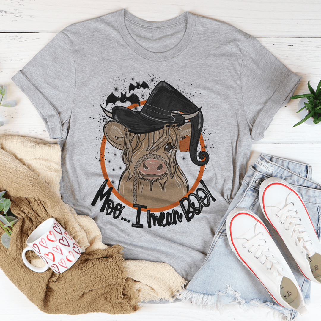 Heather gray cow T-shirt with front cow-and-black-hat graphic and 'Moo... I Dream Boo'
