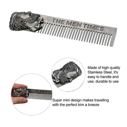 Stainless steel travel comb with fine teeth and lion-face end, engraved lettering on spine