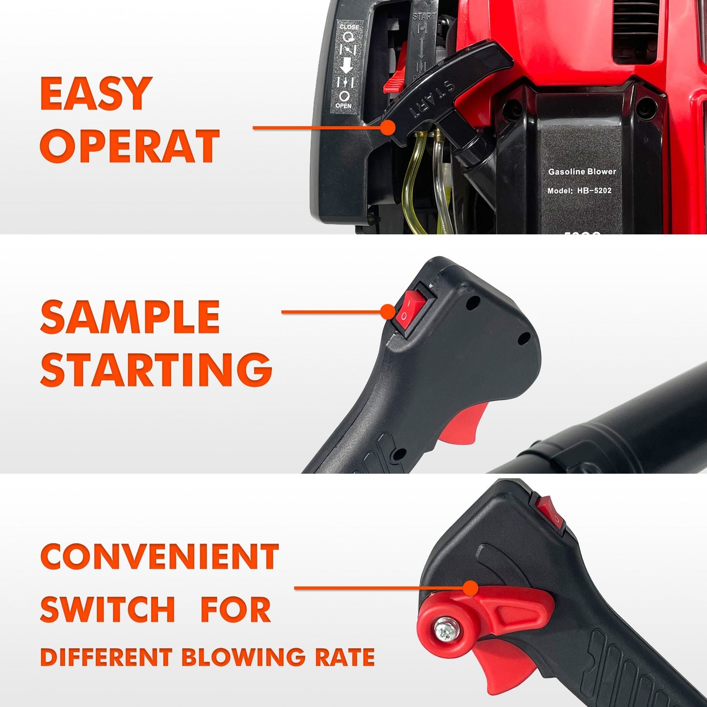 Gas backpack leaf blower control switch area on the engine housing