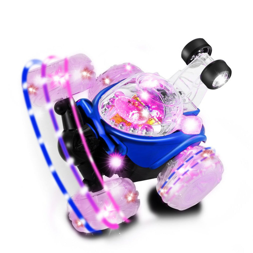 Mini RC stunt dump car with blue body, translucent pink wheels, and bright purple LED lights