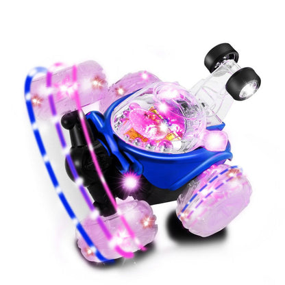 Mini RC stunt dump car with blue body, translucent pink wheels, and bright purple LED lights