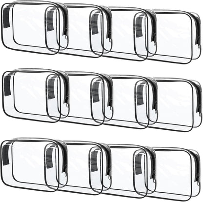 12 Pcs Clear Toiletry Bag PVC Waterproof Zippered PVC Cosmetic Makeup Carry Pouch TSA Approved Toiletry Bag for Travel Clear Organizer Storage Bags (Medium, Black)