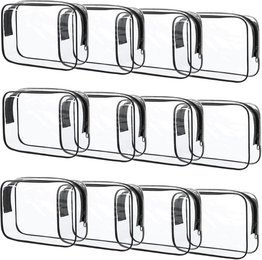 12 Pcs Clear Toiletry Bag PVC Waterproof Zippered PVC Cosmetic Makeup Carry Pouch TSA Approved Toiletry Bag for Travel Clear Organizer Storage Bags (Medium, Black)