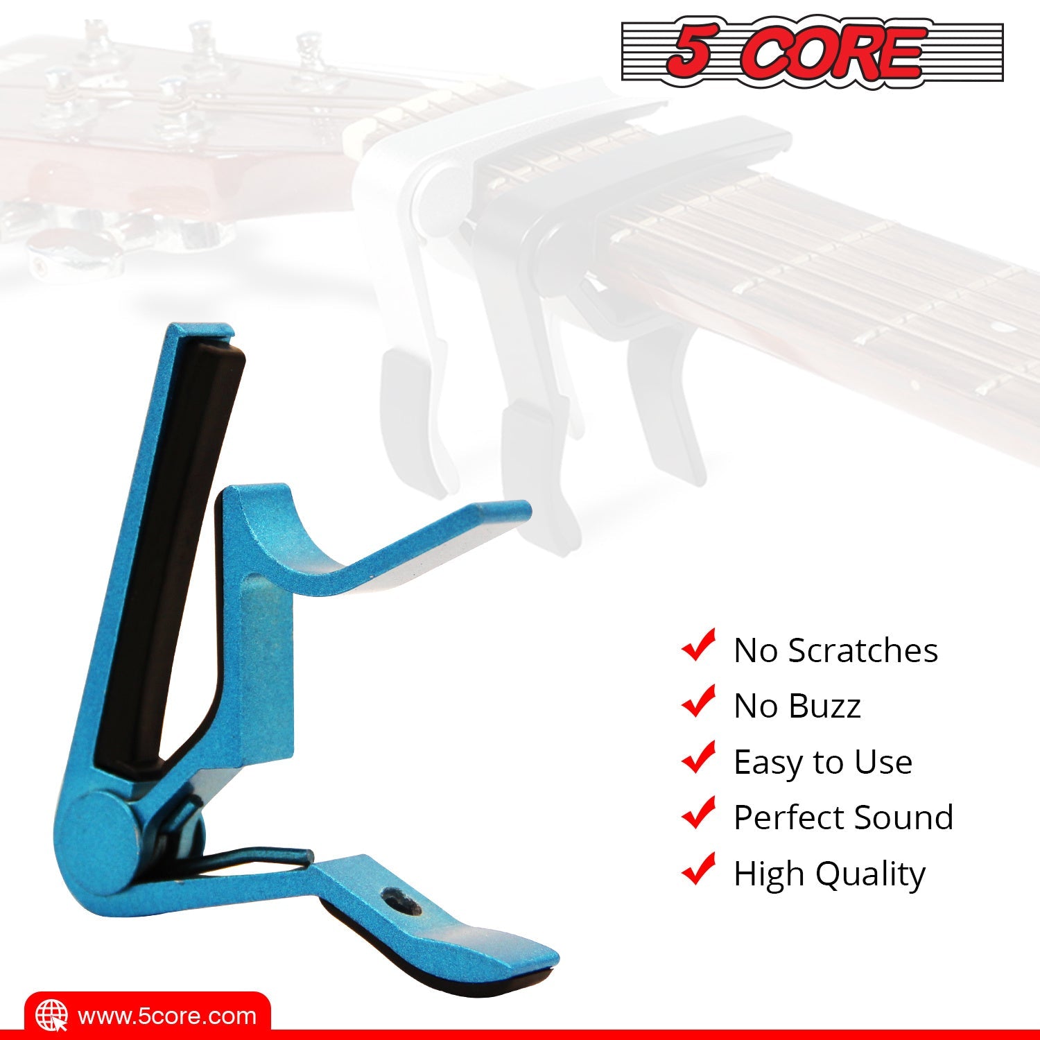 Blue guitar capo clip with black clamping bar and lever, compact clamp design.
