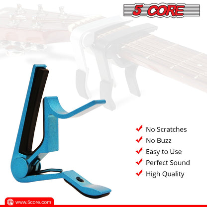 Blue guitar capo clip with black clamping bar and lever, compact clamp design.