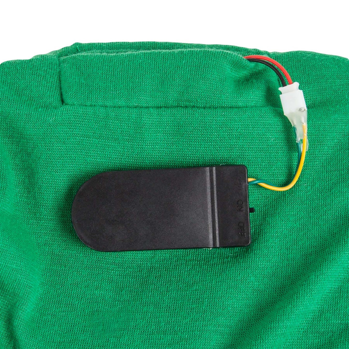 Green pet hoodie sweater with attached LED power module and wire close-up
